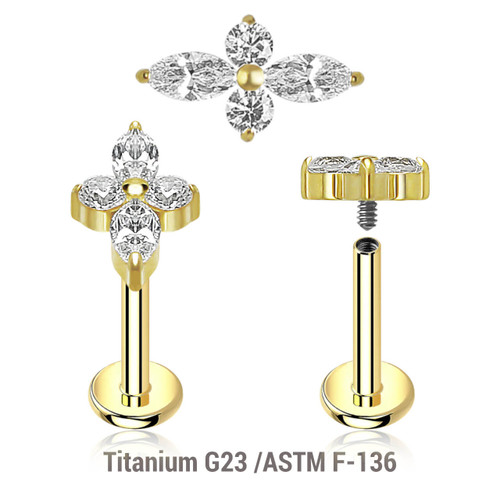 ULB12X30 Pack of 5 high 5 gold PVD plated titanium internally threaded labrets, Thickness 1.2mm, with a top with 2 round and 2 marquis prong set CZ stones