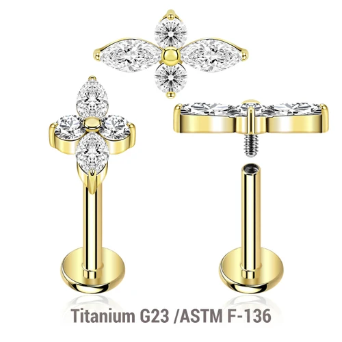 ULB12X30 Pack of 5 high 5 gold PVD plated titanium internally threaded labrets, Thickness 1.2mm, with a top with 2 round and 2 marquis prong set CZ stones