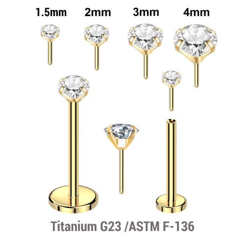 LLB08CZ Pack of 5 Gold PVD plated Titanium threadless push in labrets, Thickness 0.8mm, with prong set round CZ stones.