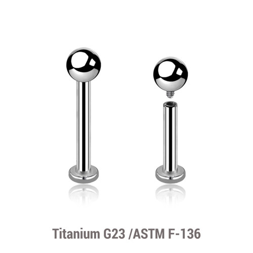 YLB12B3T Pack of 10 high polished titanium internally threaded labrets with 2.5mm base plate, Thickness 1.2mm, Ball size 3mm