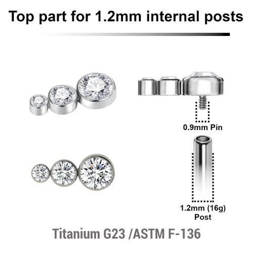 YTP12X35 Pack of 5 Titanium Internally threaded labret tops 3 small round disk with bezel set crystals, Thread size 0.9mm