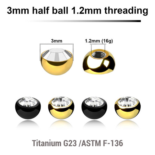 EYB12J3H Pack of 10 PVD plated titanium G23 half jewel balls with a 3mm diameter and a bezel set crystal, 1.2mm external threading