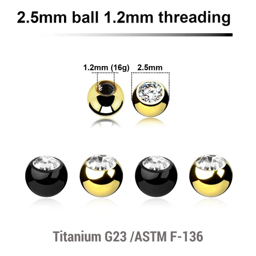 EYB12J25 Pack of 10 PVD plated titanium G23 balls with a 2.5mm diameter and a bezel set crystal, 1.2mm external threading