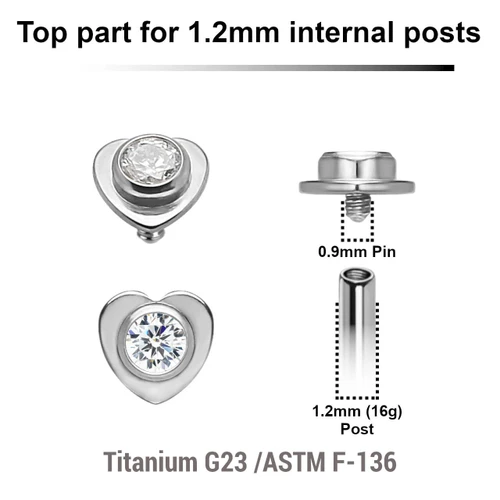 YTP12X32 Pack of 5 high polished titanium Internally threaded labret tops in a flat heart shape with a single bezel set central crystal
