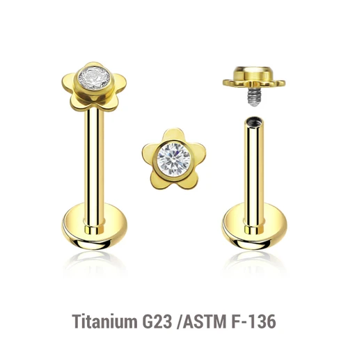 ULB12X33 Pack of 5 gold PVD plated titanium internally threaded labrets, Thickness 1.2mm, with a top in a flat flower shape with a single bezel set central crystal