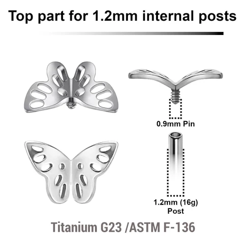 YTP12X36 Pack of 5 Titanium Internally threaded labret top with a filigree butterfly