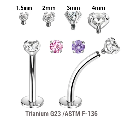 YCL12CZ Pack of 10 high polished titanium internally threaded curved labrets, Thickness 1.2mm, with prong set CZ stones