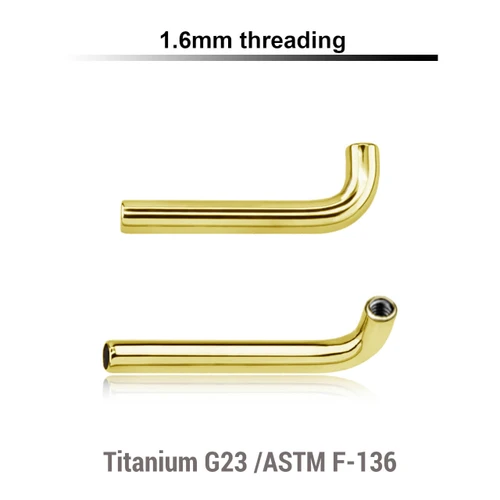 UYBL16N Pack of 5 gold PVD plated titanium internally threaded Christina barbell post in L shape w a 2.5mm rise, thickness 1.6mm