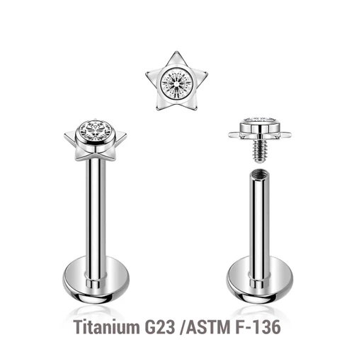 YLB12X31 Pack of 5 high polished titanium internally threaded labrets, Thickness 1.2mm, with a top in a flat star shape with a single bezel set central crystal