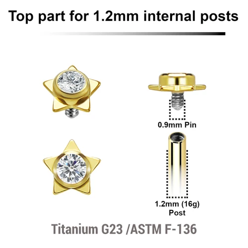 UTP12X31 Pack of 5 gold PVD plated titanium Internally threaded labret tops in a flat star shape with a single bezel set central crystal