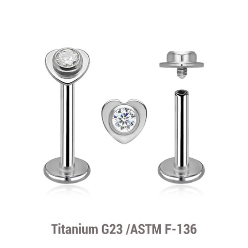 YLB12X32 Pack of 5 high polished titanium internally threaded labrets, Thickness 1.2mm, with a top in a flat heart shape with a single bezel set central crystal
