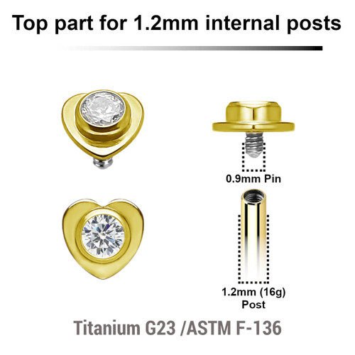 UTP12X32 Pack of 5 gold PVD plated titanium Internally threaded labret tops in a flat heart shape with a single bezel set central crystal