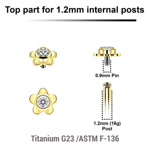 UTP12X33 Pack of 5 gold PVD plated titanium Internally threaded labret tops in a flat flower shape with a single bezel set central crystal