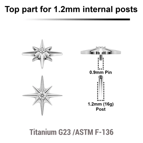 YTP12X34 Pack of 5 high polished titanium Internally threaded labret tops with a starburst top with a single prong set CZ stone