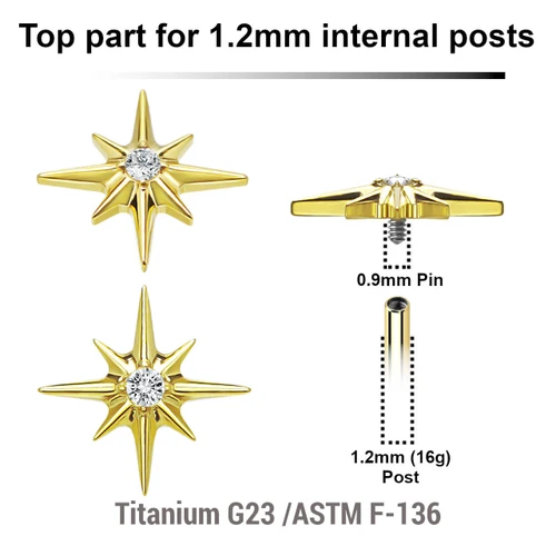 UTP12X34 Pack of 5 gold PVD plated titanium Internally threaded labret tops with a starburst top with a single prong set CZ stone