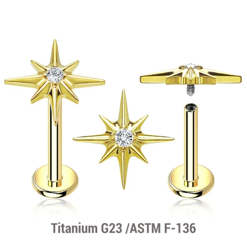 ULB12X34 Pack of 5 gold PVD plated titanium internally threaded labrets, Thickness 1.2mm, with a starburst top with a single prong set CZ stone