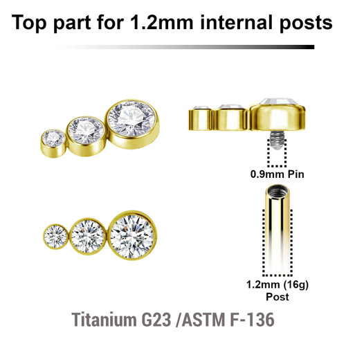 UTP12X35 Pack of 5 gold PVD plated titanium Internally threaded labret top with 3 small round disks with bezel set crystals