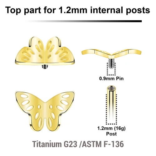 UTP12X36 Pack of 5 gold PVD plated titanium Internally threaded labret top with a filigree butterfly