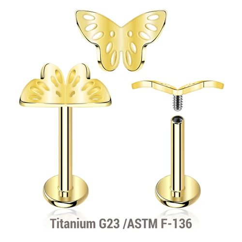 ULB12X36 Pack of 5 gold PVD plated titanium internally threaded labrets, Thickness 1.2mm, with a filigree butterfly top