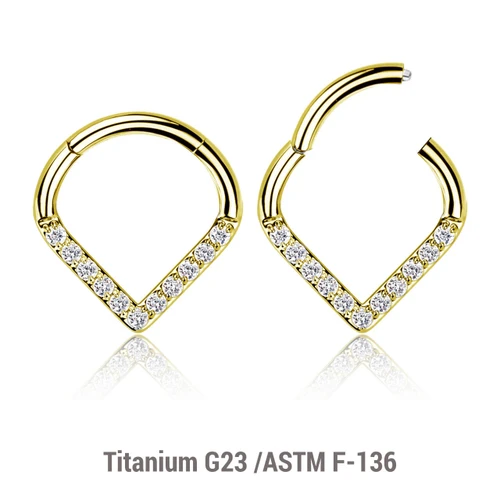 ESG12HX04 Pack of 3 Gold PVD plated Titanium hinged segment rings in chevron shape with CZ studded front, Thickness 1.2mm