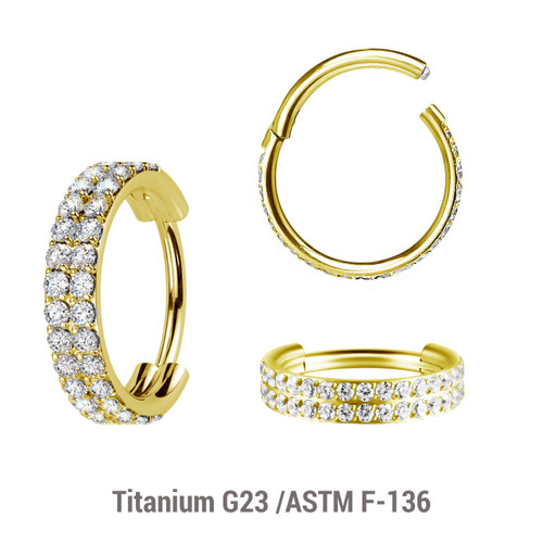 ESG12HX07 Pack of 3 Gold PVD plated Titanium hinged segment rings with a double line of outward facing prong set CZ stones, Thickness 1.2mm
