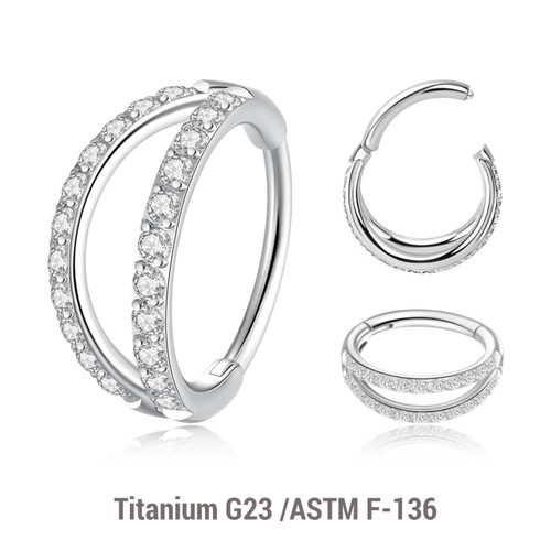 TSG12HX09 Pack of 3 Titanium hinged segment rings with a double hoop design with outward facing CZ stones, Thickness 1.2mm