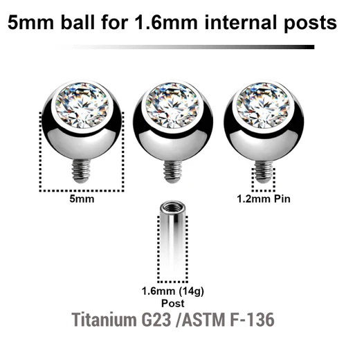 YYB16J5 Pack of 10 high polished titanium G23 balls with bezel set crystal with 5mm diameter for 1.6mm internally threaded posts