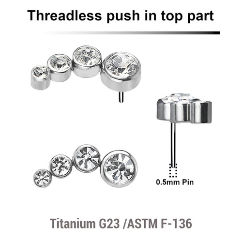 KTP05X05 Pack of 5 Titanium G23 threadless push in labret top with 4 round bezel set CZ stones