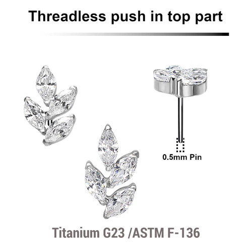 KTP05X14 Pack of 5 Titanium G23 threadless push in labret tops in leaf shape with 4 marquis cut prong set CZ stones