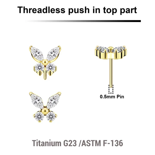 LTP05X04 Pack of 5 Gold PVD plated Titanium threadless push in labret top in butterfly shape with prong set CZ stones