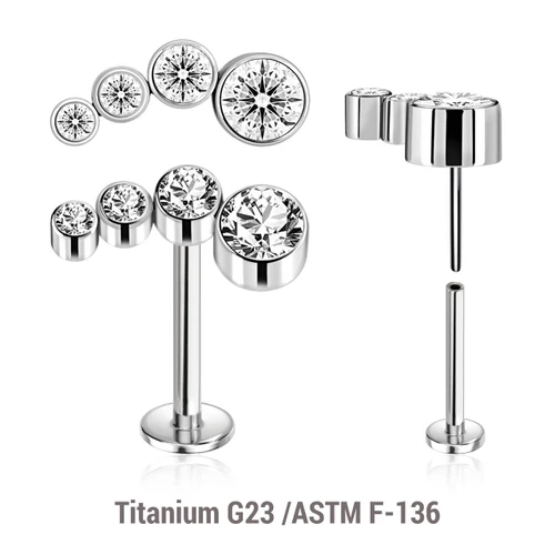 KLBXXX05 Pack of 5 high polished titanium threadless push in labrets with elongated top with 4 bezel set CZ stones