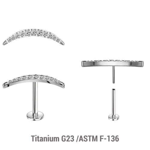 KLBXXX18 Pack of 5 high polished titanium threadless push in labrets with a CZ studded crescent moon top
