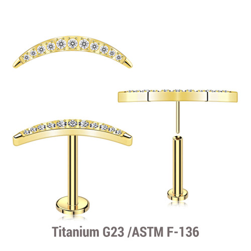 LLBXXX18 Pack of 5 Gold PVD plated Titanium threadless push in labrets with a CZ studded crescent moon top