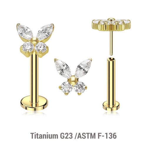 LLBXXX04 Pack of 5 Gold PVD plated Titanium threadless push in labrets, with butterfly-shaped top with prong set CZ stones