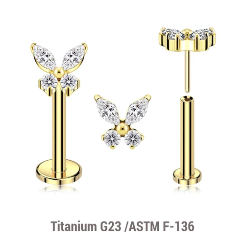 LLBXXX04 Pack of 5 Gold PVD plated Titanium threadless push in labrets, with butterfly-shaped top with prong set CZ stones
