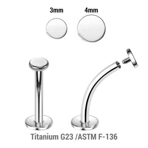 YCL12DI Pack of 10 high polished titanium internally threaded curved labrets, Thickness 1.2mm, with flat round disk tops