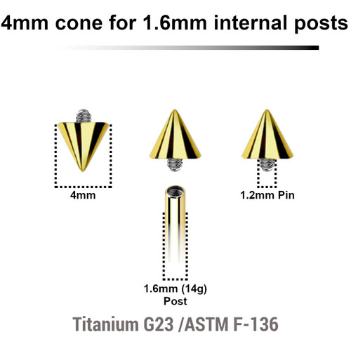UYC16N4 Pack of 10 PVD plated titanium cones with 4mm diameter for 1.6mm internally threaded post