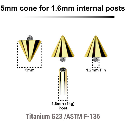 UYC16N5 Pack of 10 PVD plated titanium cones with 5mm diameter for 1.6mm internally threaded post.