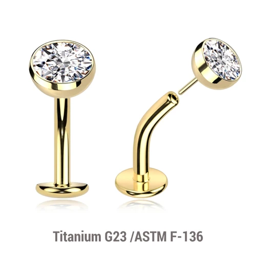 LCL16JH Pack of 5 Gold Pvd plated titanium threadless floating belly labrets with convex base plate, Thickness 1.6mm with flat jewel ball top