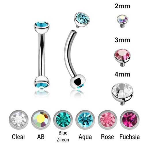 FBN1212JH Pack of 10 surgical steel internally threaded eyebrow bananas, Thickness 1.2mm, with flat bezel set crystal tops
