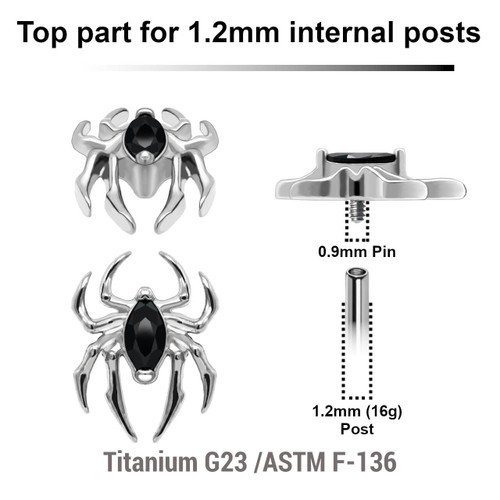 YTP12X38 Pack of 5 Titanium Internally threaded labret tops with a spider with black CZ abdomen