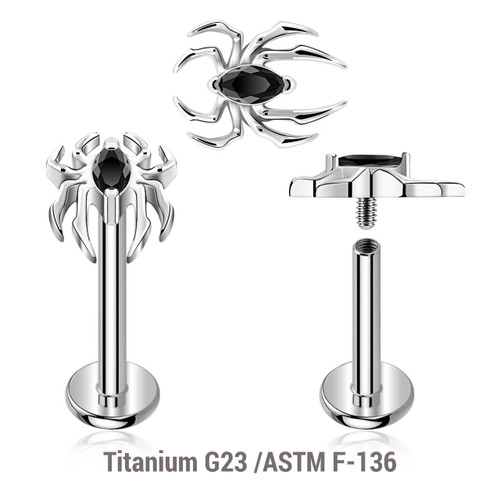 YLB12X38 Pack of 5 high polished titanium internally threaded labrets, Thickness 1.2mm, with a top in spider design with black CZ abdomen