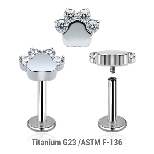 YLB12X39 Pack of 5 high polished titanium internally threaded labrets, Thickness 1.2mm, with a top in a paw design with 4 small CZs