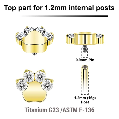 UTP12X39 Pack of 5 gold PVD plated titanium Internally threaded labret tops with a paw design with 4 small CZs