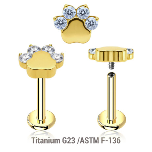 ULB12X39 Pack of 5 gold PVD plated titanium internally threaded labrets, Thickness 1.2mm, with a top in a paw design with 4 small CZs