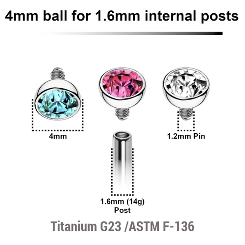 YYB16J4H Pack of 10 high polished titanium half jewel balls with bezel set crystal with 4mm diameter for 1.6mm internally threaded posts