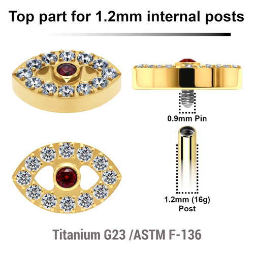 UTP12X37 Pack of 5 gold PVD plated titanium Internally threaded labret top with an evil eye design with clear crystal around and a single red crystal in the center