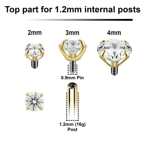 HTP12CZ Pack of 10 gold PVD 316L steel prong set CZ attachments for 1.2mm internally threaded items, Thread size 0.9mm