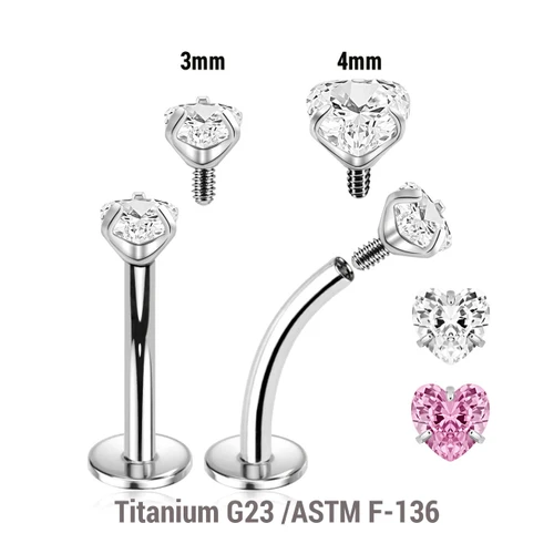 YCL12CZH Pack of 10 high polished titanium internally threaded curved labrets, Thickness 1.2mm, with prong set heart CZs