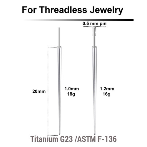 NPIKXNT Pack of 10 High polished titanium Insertion Pins for threadless threaded body jewelry, length 20mm